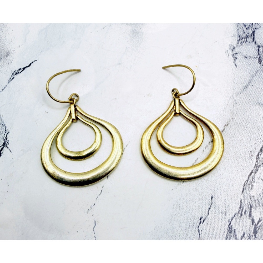 Fossil Gold Tone Double Teardrop Dangle Earrings Pierced Signed